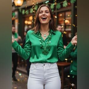 Vero Moda Emerald Green Satin Button Down Blouse Medium